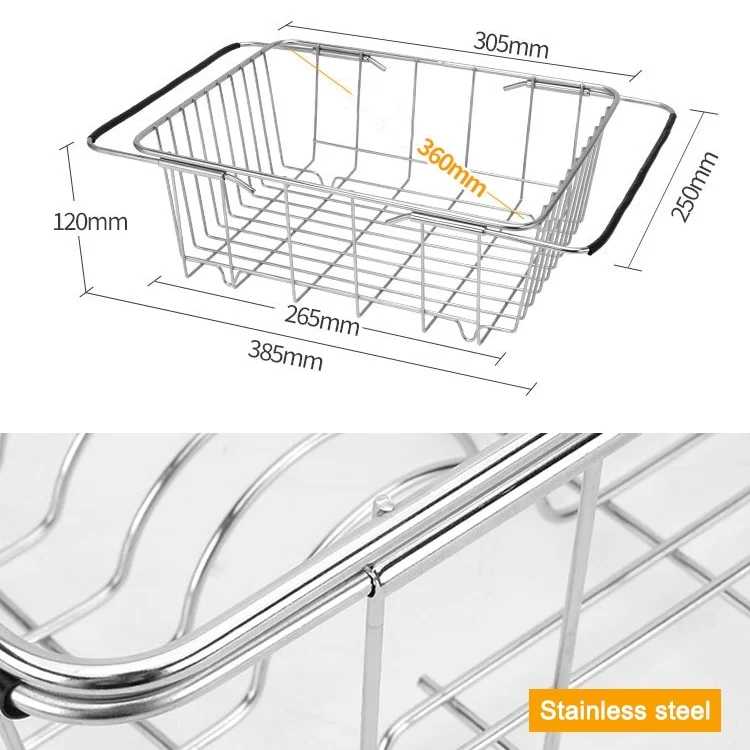 EDA00266201_2.webp Kitchen Dish Drainer Sink Drain Basket Washing Vegetable Fruit Drying Holder Stainless Steel Adjustable Rack - Image 3