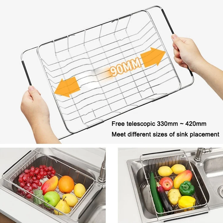 EDA00266201_3.webp Kitchen Dish Drainer Sink Drain Basket Washing Vegetable Fruit Drying Holder Stainless Steel Adjustable Rack - Image 4
