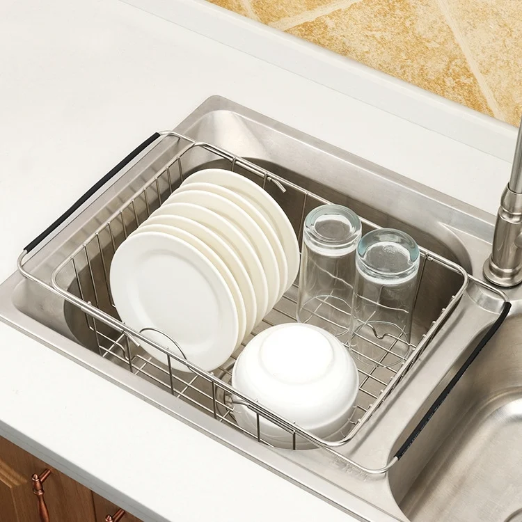 EDA00266201_6.webp Kitchen Dish Drainer Sink Drain Basket Washing Vegetable Fruit Drying Holder Stainless Steel Adjustable Rack - Image 7
