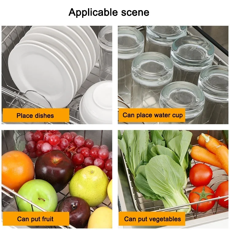 EDA00266201_8.webp Kitchen Dish Drainer Sink Drain Basket Washing Vegetable Fruit Drying Holder Stainless Steel Adjustable Rack - Image 9
