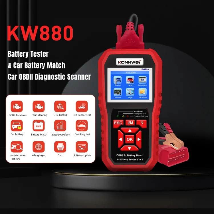 EDA0043658_1.webp KONNWEI KW880 3 in 1 Car OBD2 Fault Diagnosis + Battery Tester + Battery Match Reset - Image 2