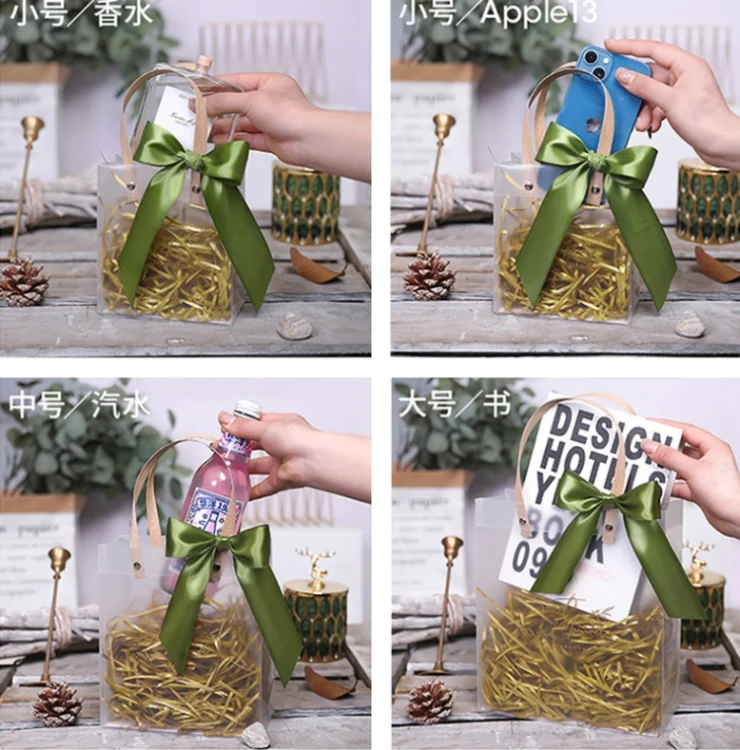 EDA005419601_3.webp Gift Bag Transparent Packaging Bag, Blue Ribbon+Hanging Tag+Lafite Grass - Image 4
