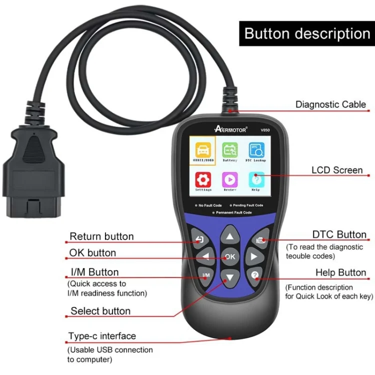 EDA005677701A_2.webp AERMOTOR V850 Car OBD2 Code Reader Diagnostic Scan Tool - Image 3