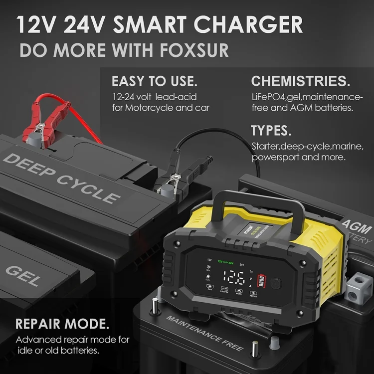 EDA0058410_B4.webp FOXSUR 12V / 24V 10A Portable Motorcycle Car Smart Battery Charger - Image 5