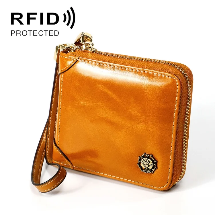 8251 Antimagnetic RFID Multi-function Oil Wax Leather Lady Zipper Wallet Purse with Lanyard