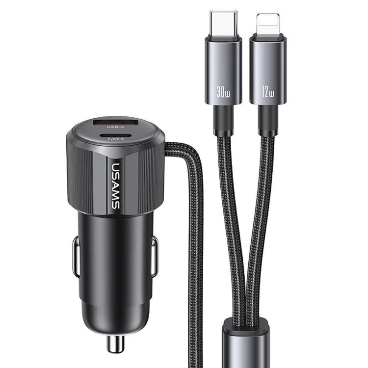 USAMS CC287 YT Series 66W USB and Type-C Dual Ports Car Fast Charger with 2 in 1 Cable