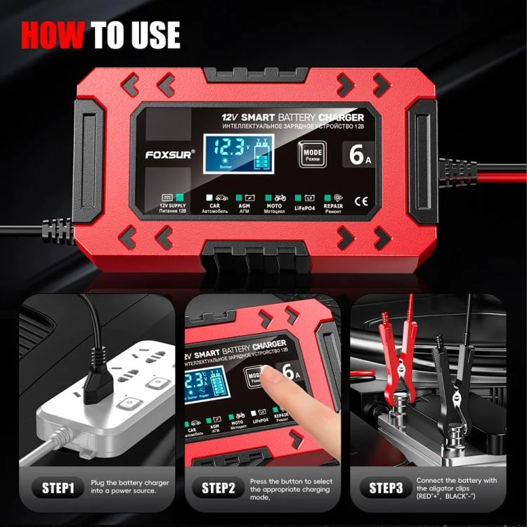 EDA008118401A_18.webp FOXSUR FBC1206F 12V 6A Car Motorcycle Battery Charger Smart Repair Multi-function Charger - Image 19