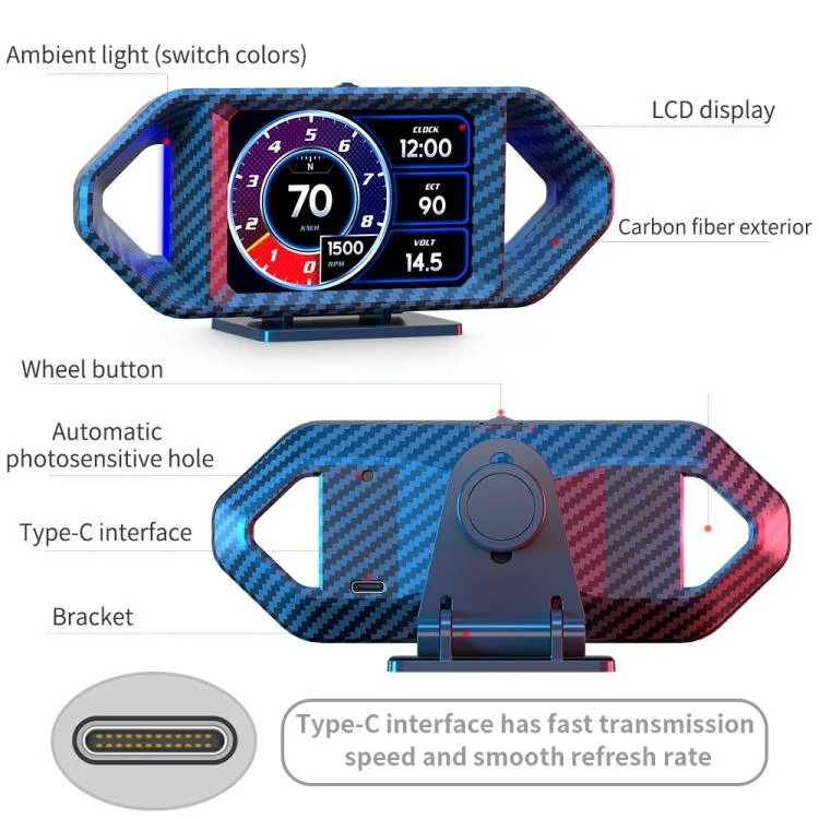 EDA008614801A_14.webp P26 Car HUD Head-Up Display Multi-function LCD OBD Smart Gauge Slope Meter Accelerometer - Image 15