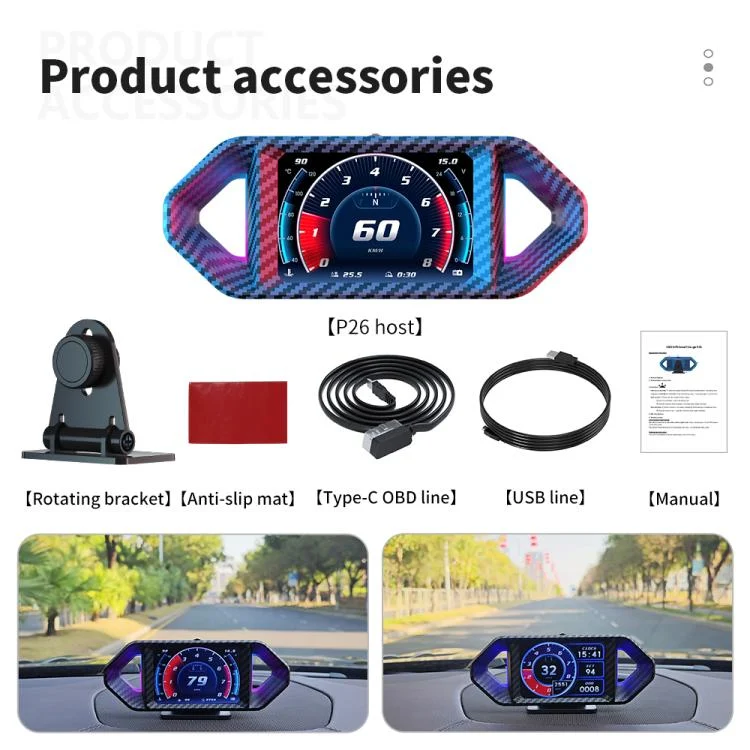 EDA008614801A_16.webp P26 Car HUD Head-Up Display Multi-function LCD OBD Smart Gauge Slope Meter Accelerometer - Image 17