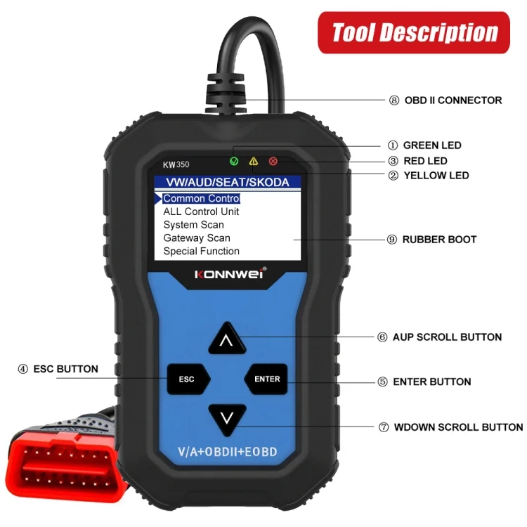 EDA009477_10.webp KONNWEI KW350 OBDII 12V Car Diagnostics Detector Scanner with 2 inch Black And White Display Screen V007 for Audi / Volkswagen - Image 11