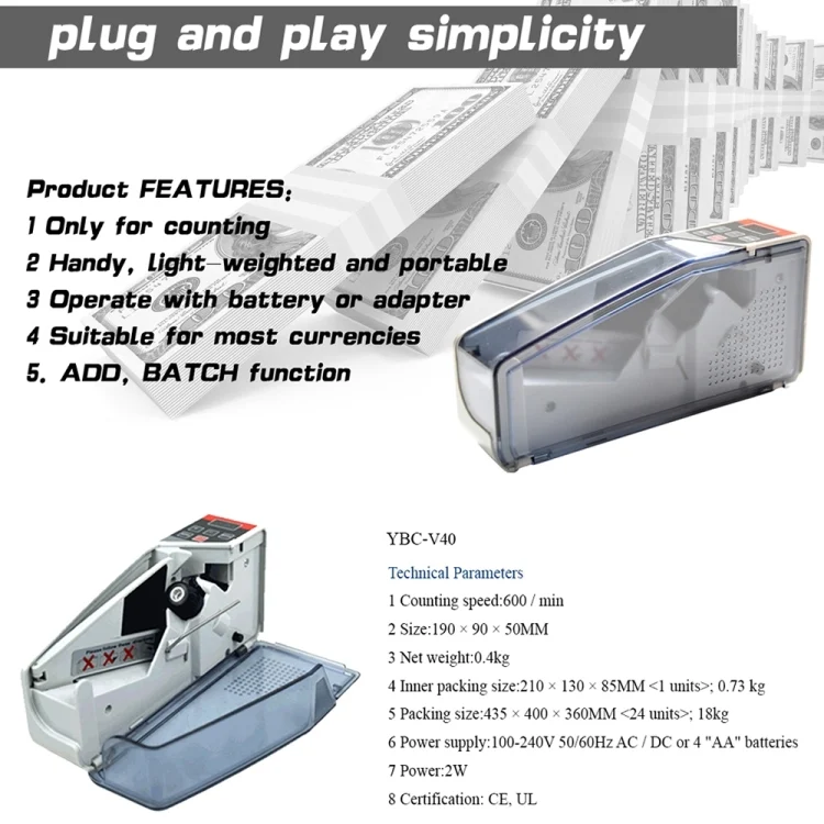 FSP0131_5.webp V40 Handheld Mini Portable Small Money Counting Machine, Specification: JP Plug - Image 6