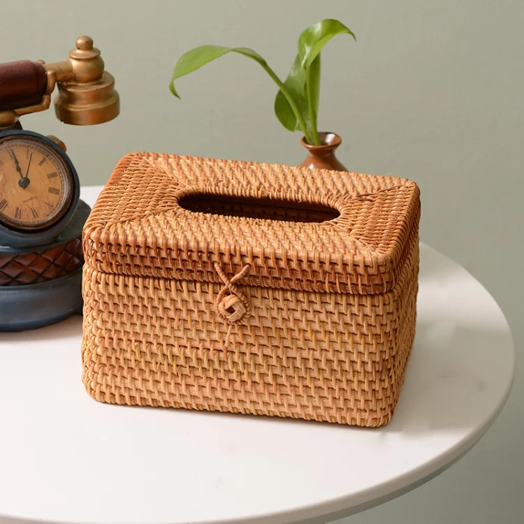 HAC1009.webp ZJH01 Square Shape Restaurant Desktop Rattan Braided Tissue Storage Box Case - Image 1