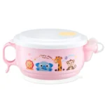 450ml Stainless Steel Interior And Plastic Exterior Double Layer Cartoon Style Bowl With Cover And Handles for Child At Age 2 to 9
