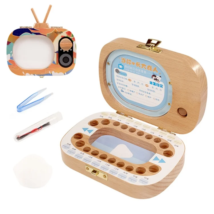 HC2008A.webp Creative Wooden Children TV Set Deciduous Tooth Preservation Box Baby Teeth Tooth House Storage Box - Image 1