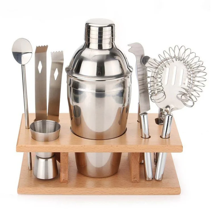 HC3907_1.webp 9 in 1 Stainless Steel Cocktail Shaker Tools Set with Wooden Mount, Capacity: 550ml - Image 2