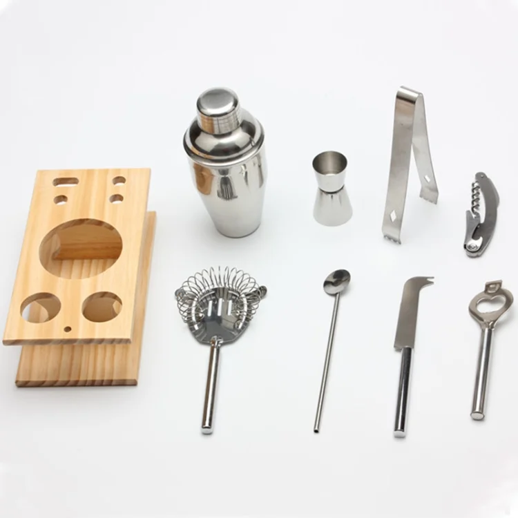 HC3907_2.webp 9 in 1 Stainless Steel Cocktail Shaker Tools Set with Wooden Mount, Capacity: 550ml - Image 3