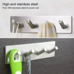 Stainless Steel Four Oblique Row Hook Bathroom Non-perforated Storage Clothes Rack - Image 6