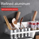 40cm 1 Cup 6 Hooks Multi-function Kitchen Punching-free Wall-mounted Aluminum Edge Condiment Holder Storage Rack - Image 8