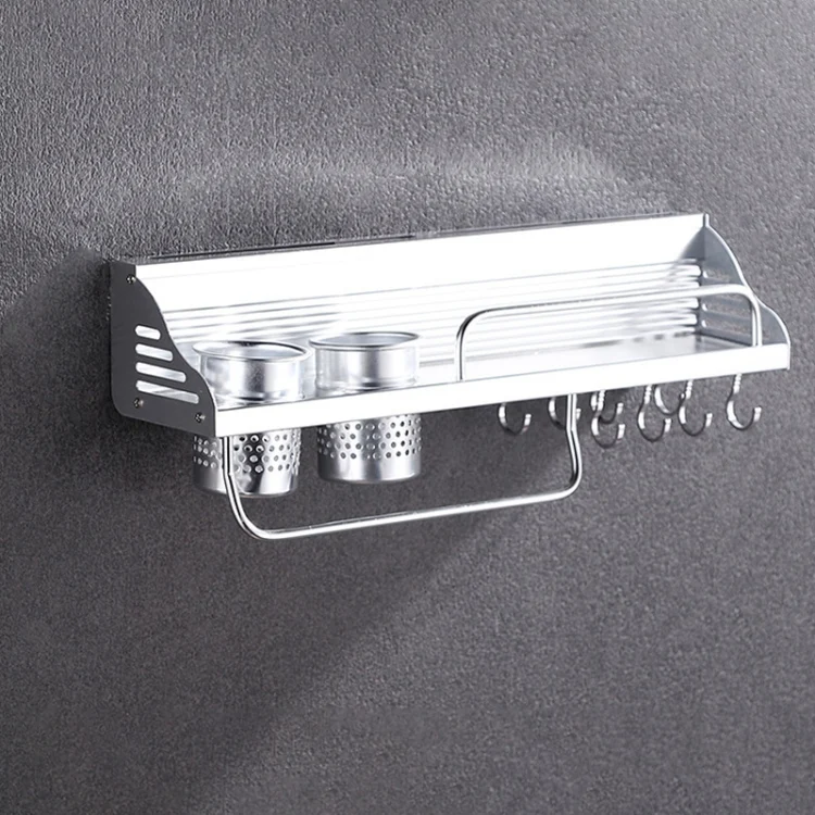 50cm 2 Cups 8 Hooks Multi-function Kitchen Punching-free Wall-mounted Plastic Edge Condiment Holder Storage Rack