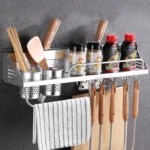 60cm 2 Cups 10 Hooks Multi-function Kitchen Punching-free Wall-mounted Aluminum Edge Condiment Holder Storage Rack