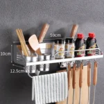 60cm 2 Cups 10 Hooks Multi-function Kitchen Punching-free Wall-mounted Aluminum Edge Condiment Holder Storage Rack - Image 3