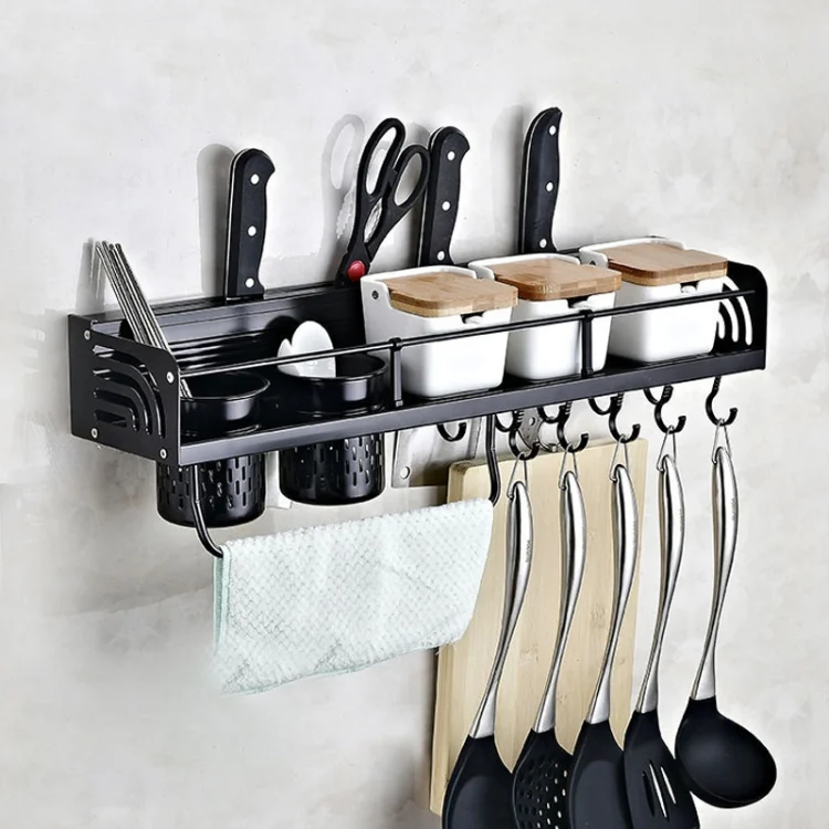 B Version 60cm 2 Cups 8 Hooks Kitchen Multi-function Wall-mounted Condiment Storage Rack