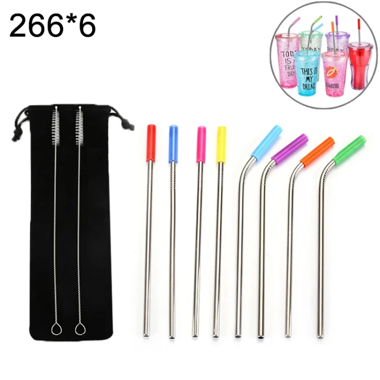 8 PCS Reusable Silicone Tips Stainless Steel Drinking Straws + 2 PCS Cleaner Brushes Set Kit with Cashmere Bag, 266*6mm
