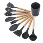 kn082 9 in 1 Wooden Handle Silicone Kitchen Tool Set with Storage Bucket - Image 2