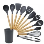 kn082 11 in 1 Wooden Handle Silicone Kitchen Tool Set with Storage Bucket - Image 2