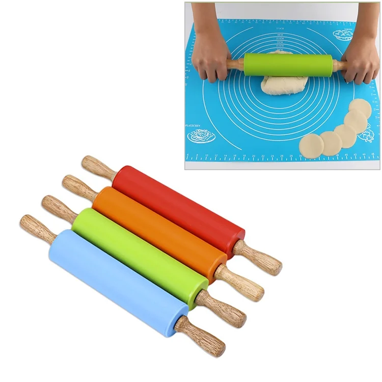 HC5819.webp kn055 Solid Wooden Handle Silicone Rolling Pin Non-stick Food Dumpling Stick, Length: 29cm, Random Color Delivery - Image 1