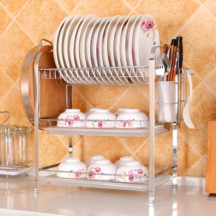 HC6155_1.webp Multi-function Kitchen Stainless Steel Three Layers Flower Shape Steel Sheet Rack Hanging Bowl Dish Holder - Image 2