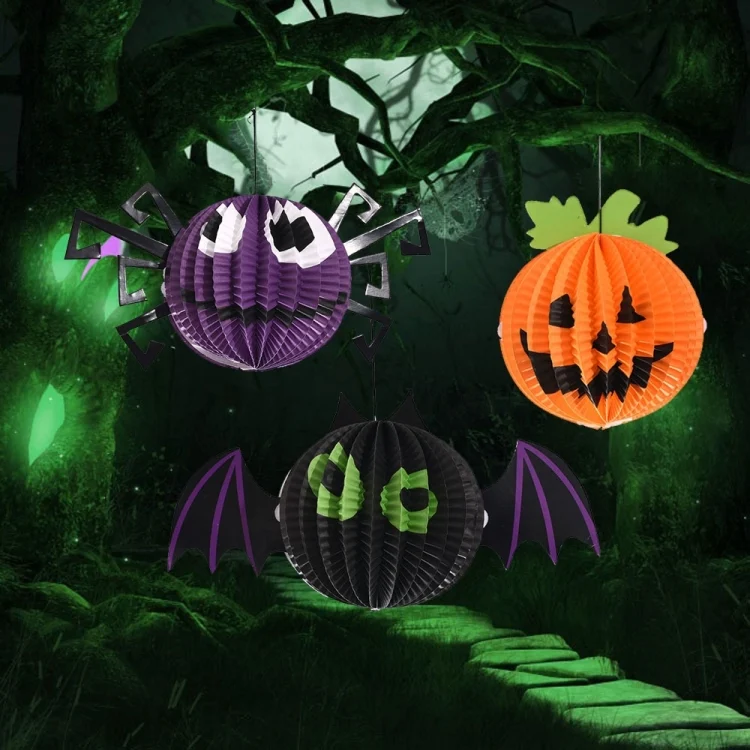 HC6364.webp 3 PCS / Set Creative Funny Halloween Pumpkin Bats Spider Pendant Paper Decoration and Props Horror - Image 1