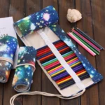 48 Slots Cosmic Galaxy Print Pen Bag Canvas Pencil Wrap Curtain Roll Up Pencil Case Stationery Pouch - Image 3