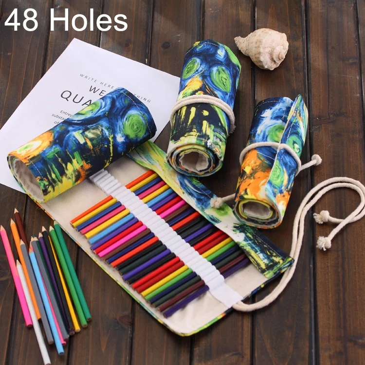 HC6770.webp 48 Slots Van Gogh Oil Painting Print Pen Bag Canvas Pencil Wrap Curtain Roll Up Pencil Case Stationery Pouch - Image 1