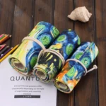 72 Slots Van Gogh Oil Painting Print Pen Bag Canvas Pencil Wrap Curtain Roll Up Pencil Case Stationery Pouch - Image 5
