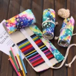 36 Slots Starry Sky Print Pen Bag Canvas Pencil Wrap Curtain Roll Up Pencil Case Stationery Pouch - Image 3