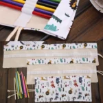 36 Slots Cartoon Animal Print Pen Bag Canvas Pencil Wrap Curtain Roll Up Pencil Case Stationery Pouch - Image 4