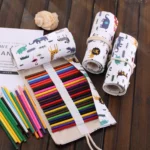 48 Slots Cartoon Animal Print Pen Bag Canvas Pencil Wrap Curtain Roll Up Pencil Case Stationery Pouch - Image 3