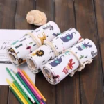 48 Slots Cartoon Animal Print Pen Bag Canvas Pencil Wrap Curtain Roll Up Pencil Case Stationery Pouch - Image 5
