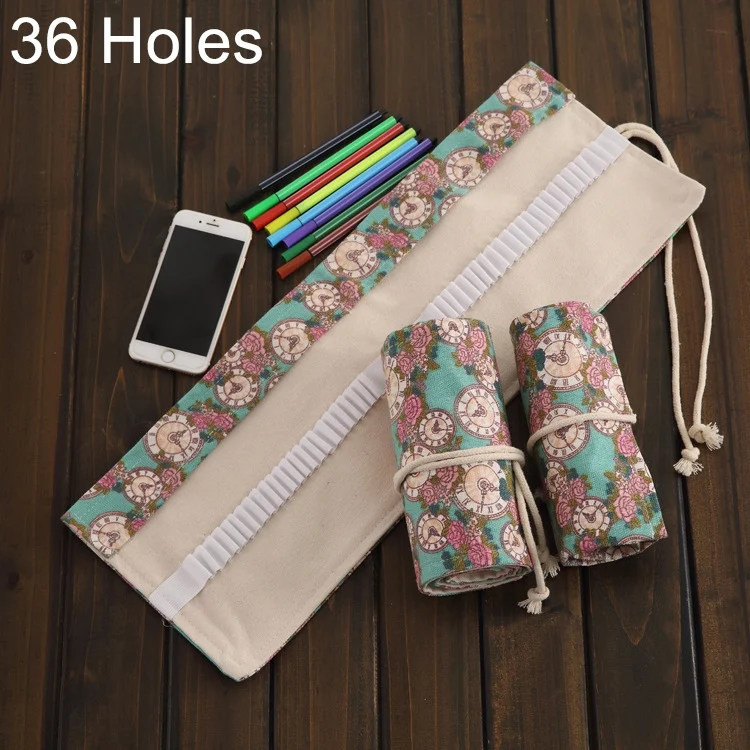HC6823.webp 36 Slots Rose Clock Print Pen Bag Canvas Pencil Wrap Curtain Roll Up Pencil Case Stationery Pouch - Image 1