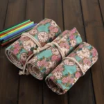 36 Slots Rose Clock Print Pen Bag Canvas Pencil Wrap Curtain Roll Up Pencil Case Stationery Pouch - Image 5