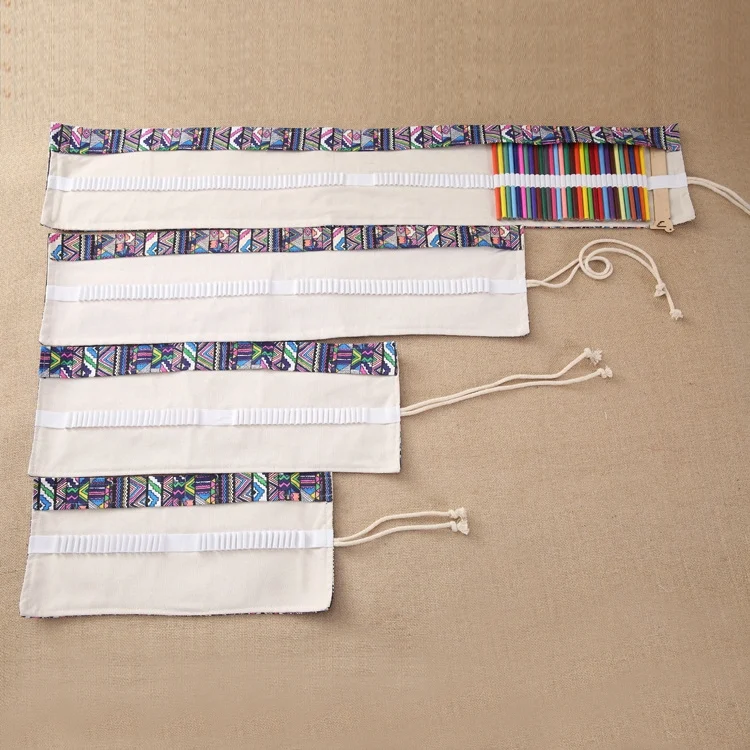 HC6831_2.webp 72 Slots Ethnic Print Pen Bag Canvas Pencil Wrap Curtain Roll Up Pencil Case Stationery Pouch - Image 3