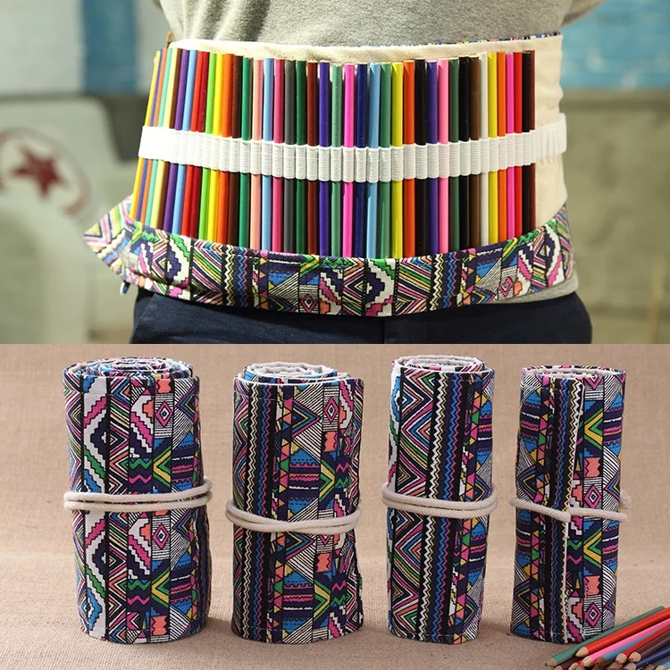 HC6831_5.webp 72 Slots Ethnic Print Pen Bag Canvas Pencil Wrap Curtain Roll Up Pencil Case Stationery Pouch - Image 6