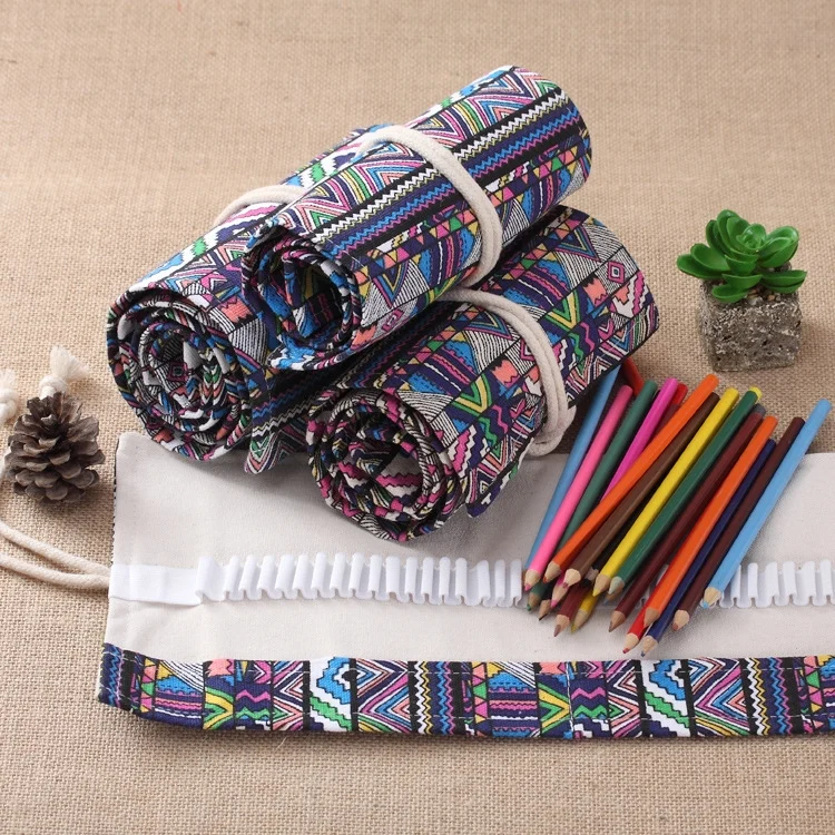HC6831_6.webp 72 Slots Ethnic Print Pen Bag Canvas Pencil Wrap Curtain Roll Up Pencil Case Stationery Pouch - Image 7