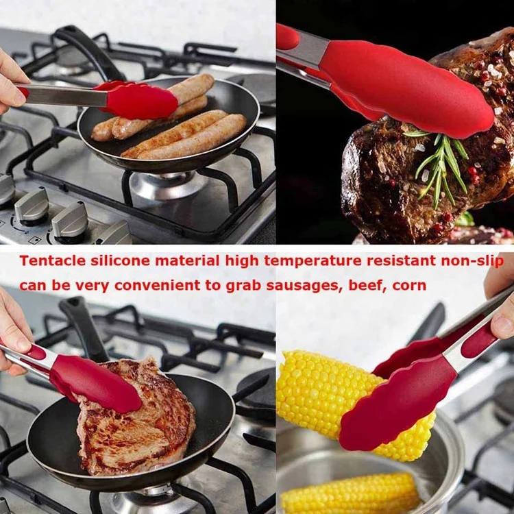 HC6888R_6.webp 9 inch Silicone Non-slip Food Bread Barbecue BBQ Clip Tongs Kitchen Tools - Image 7