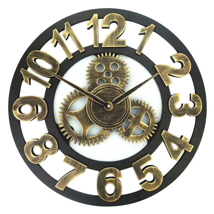 HC7333J_1.webp Retro Wooden Round Single-sided Gear Clock Number Wall Clock, Diameter: 40cm - Image 2