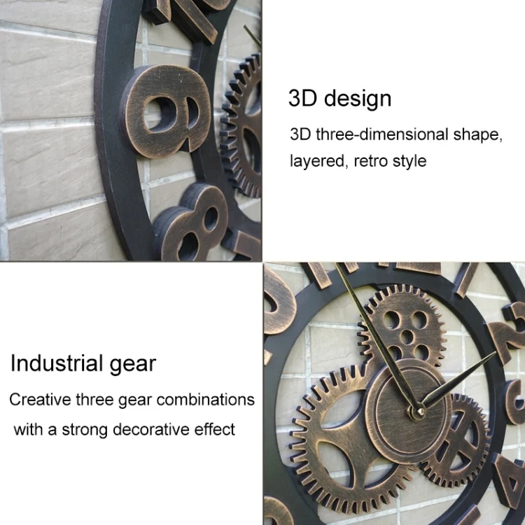 HC7333J_3.webp Retro Wooden Round Single-sided Gear Clock Number Wall Clock, Diameter: 40cm - Image 4