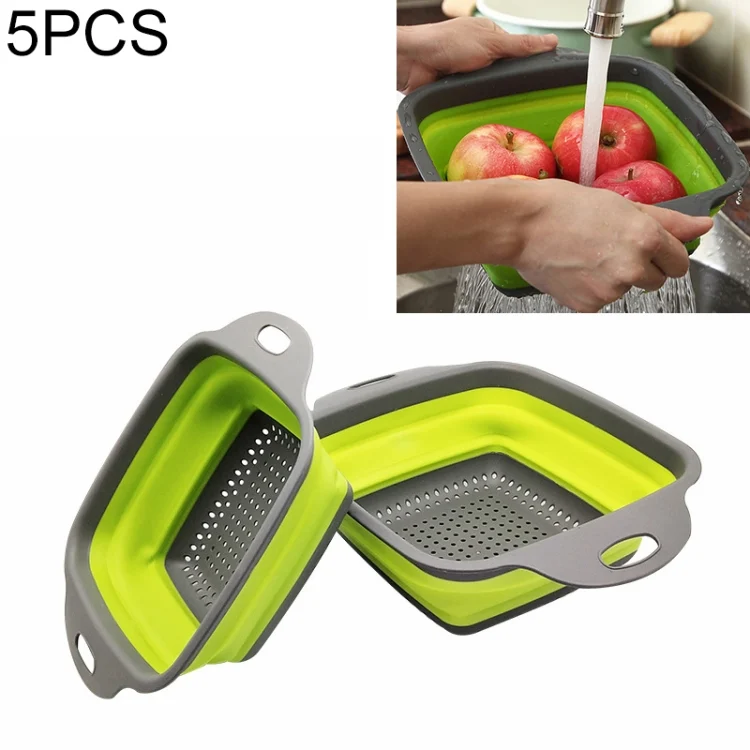 KAP0281G.webp 5 Sets Square Foldable Drain Basket Set Kitchen Silicone Fruit Vegetables Retractable Filter, Specification: Small + Large - Image 1