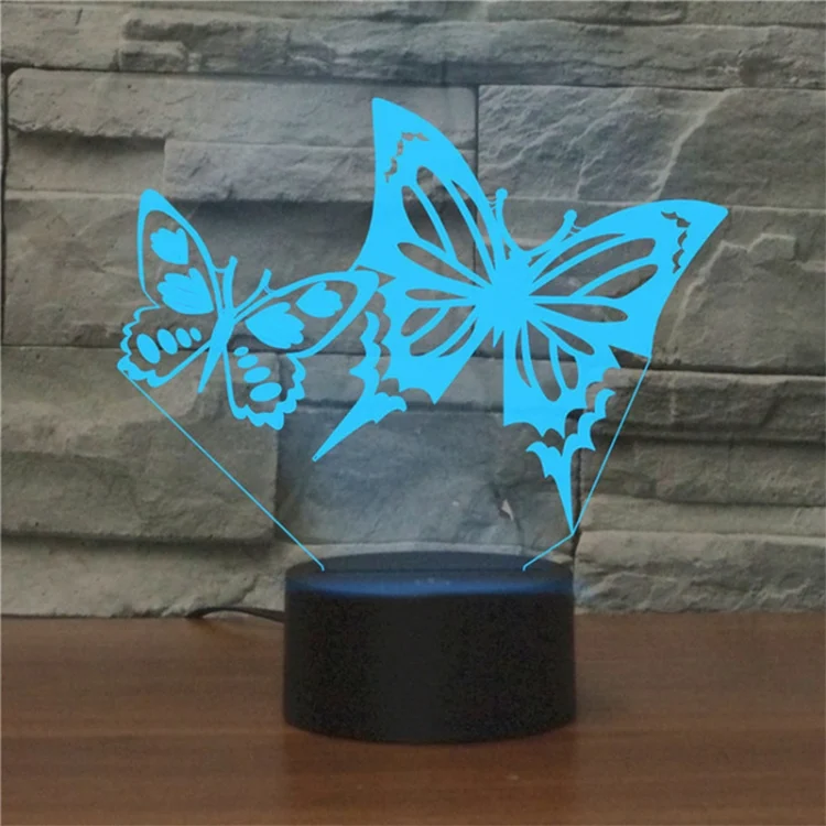 Two Butterflies Shape 3D Colorful LED Vision Light Table Lamp, Crack Remote Control Version