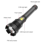 Long Style Micro USB Charging Outdoor Waterproof P90 + COB LED Flashlight, Support Power Display & Telescopic Focusing & 7-level Brightness Adjustment - Image 3